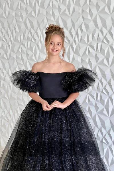 Girls Custom Glitter Tulle Satin Special Occasion Pageant Party Floor Length Dress