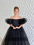 Girls Custom Glitter Tulle Satin Special Occasion Pageant Party Floor Length Dress