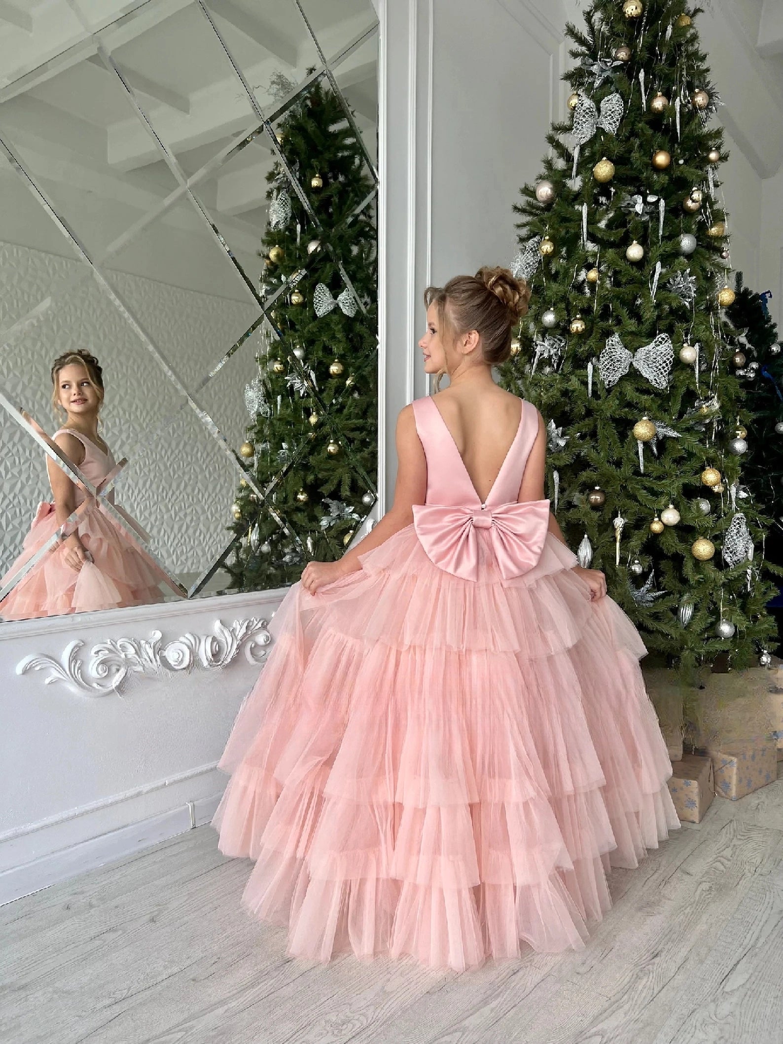 Custom Handmade Flower Girl Wedding Party Satin Tulle Floor Length Dress
