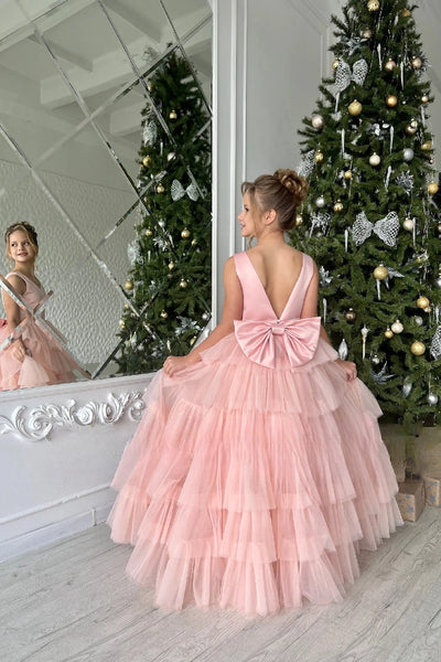 Custom Handmade Flower Girl Wedding Party Satin Tulle Floor Length Dress