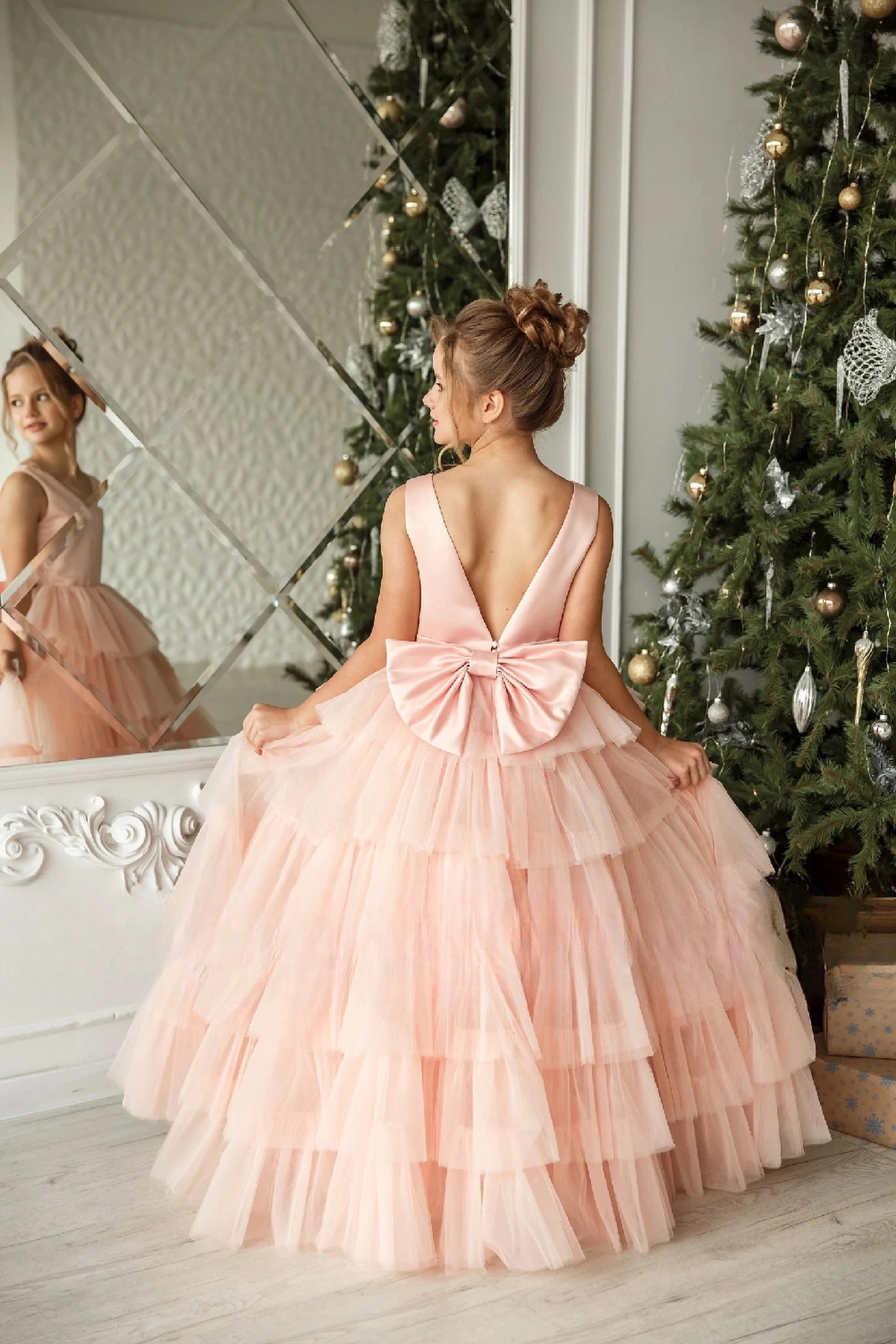Custom Handmade Flower Girl Wedding Party Satin Tulle Floor Length Dress
