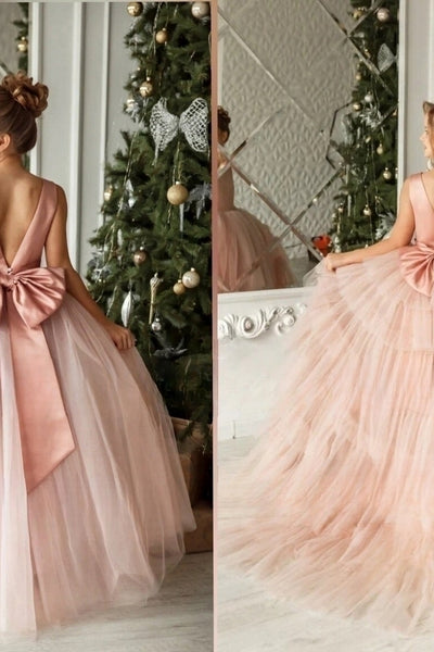 Custom Handmade Flower Girl Wedding Party Satin Tulle Floor Length Dress