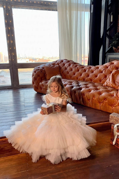 Girls Elegant Communion Wedding Flower Girl Party Satin Tulle Floor Length Dress