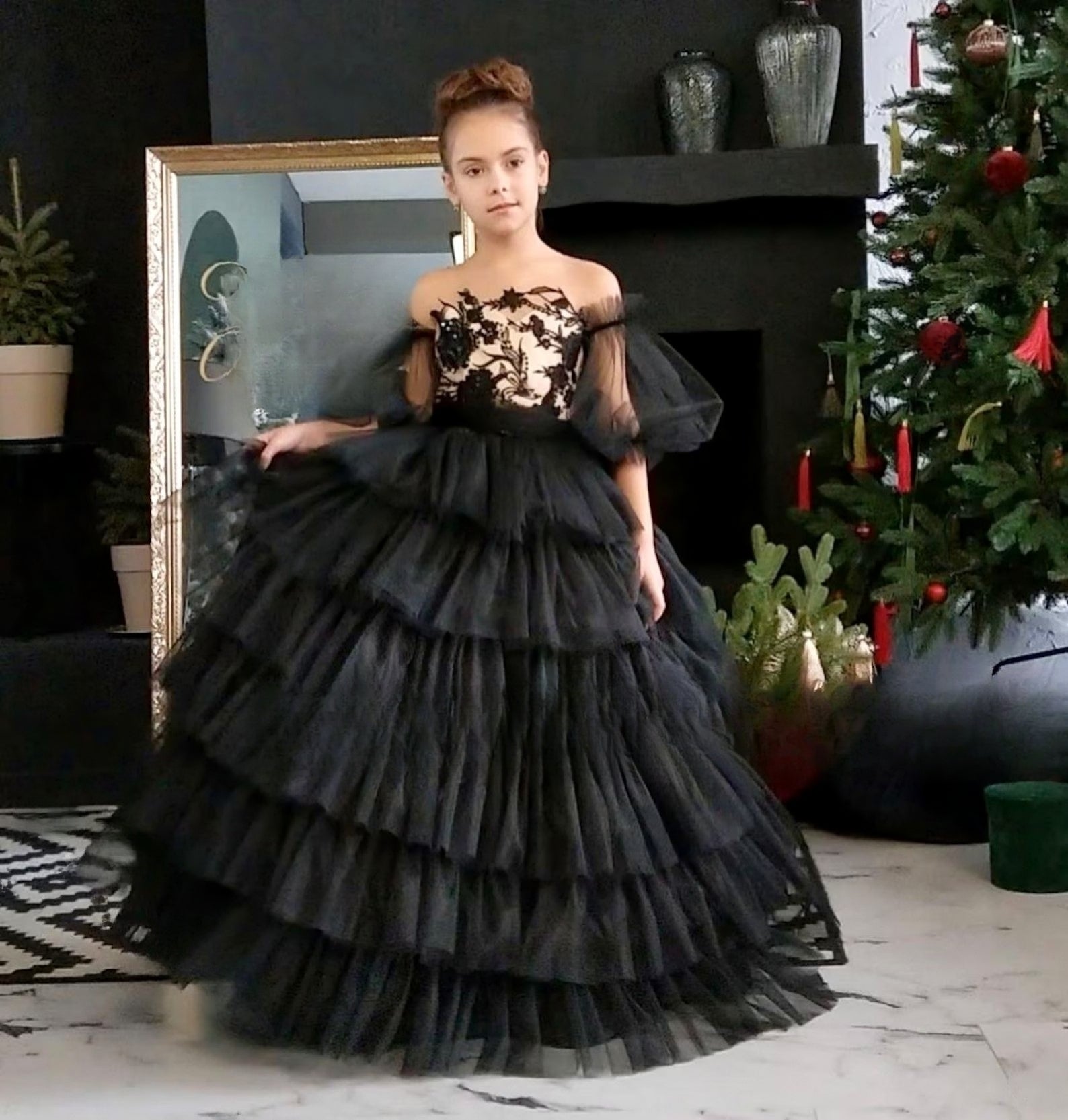 Girls Stunning Lace Tulle Special Occasion Pageant Party Floor Length Dress