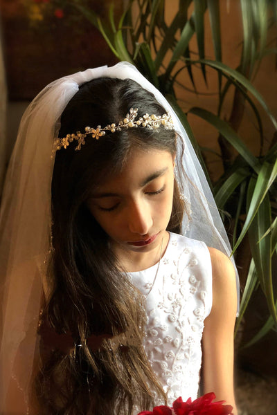 Girls 1st Communion Pearl Tiara Headband With Ribbon