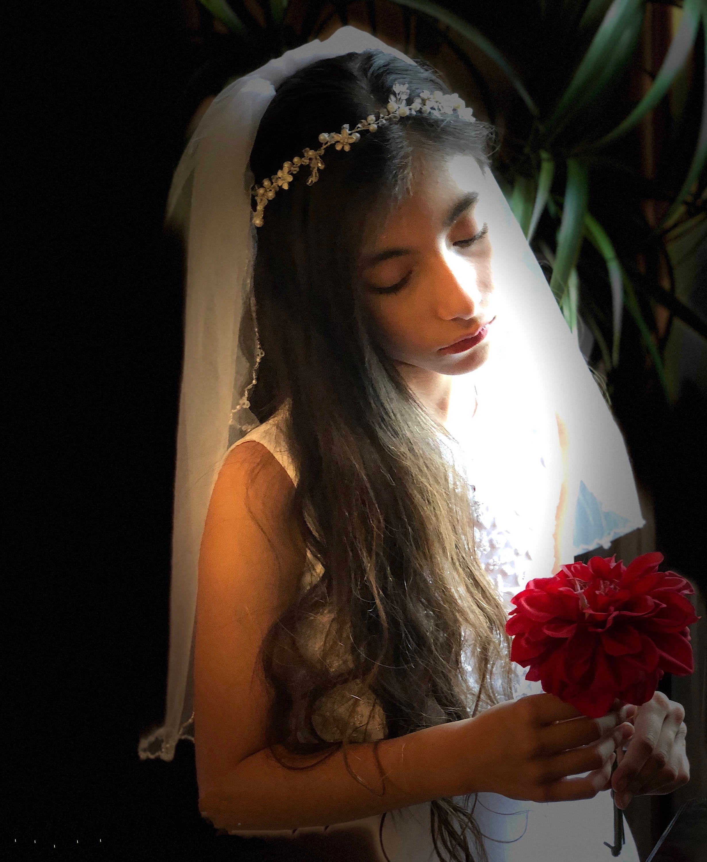 Girls 1st Communion Pearl Tiara Headband With Ribbon