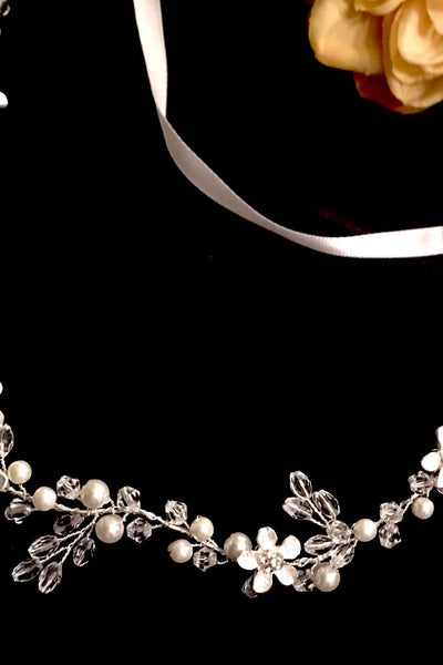 Girls 1st Communion Pearl Tiara Headband With Ribbon