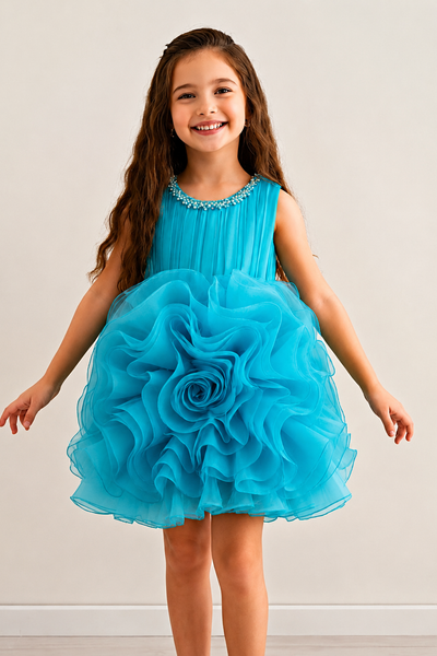 Girls Organza Bloom Party Dress with Rosette Tutu