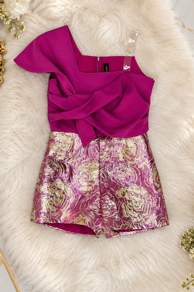 Girls Pageant Romper with Brocade Shorts & Bow