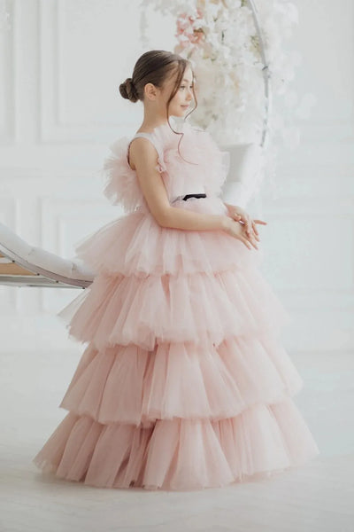 Ruffled Tulle Pageant Gown - Imani Girls Ostrich Feather Ball Gown