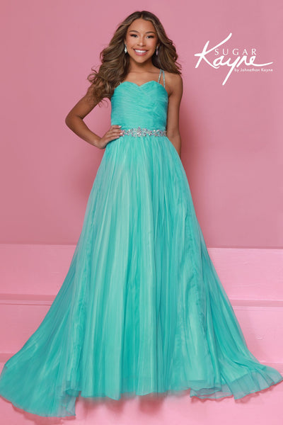 Sugar Kayne Pleated Pageant Ball Gown – Aqua, Canary, White
