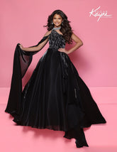 Sugar Kayne One Shoulder Satin Pageant Dress with Cape