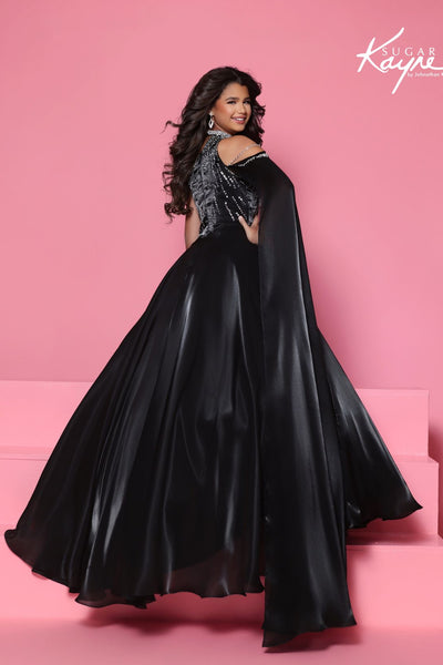 Sugar Kayne One Shoulder Satin Pageant Dress with Cape