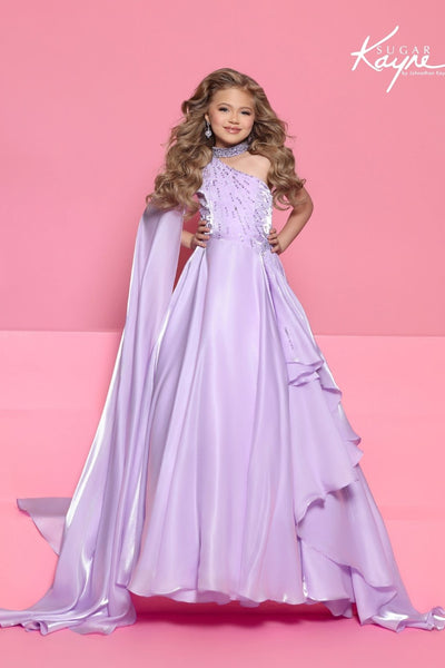 Sugar Kayne One Shoulder Satin Pageant Dress with Cape