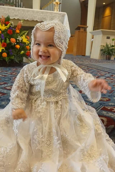 Gorgeous Couture Hand Crafted Beaded Lace Baptismal Gown