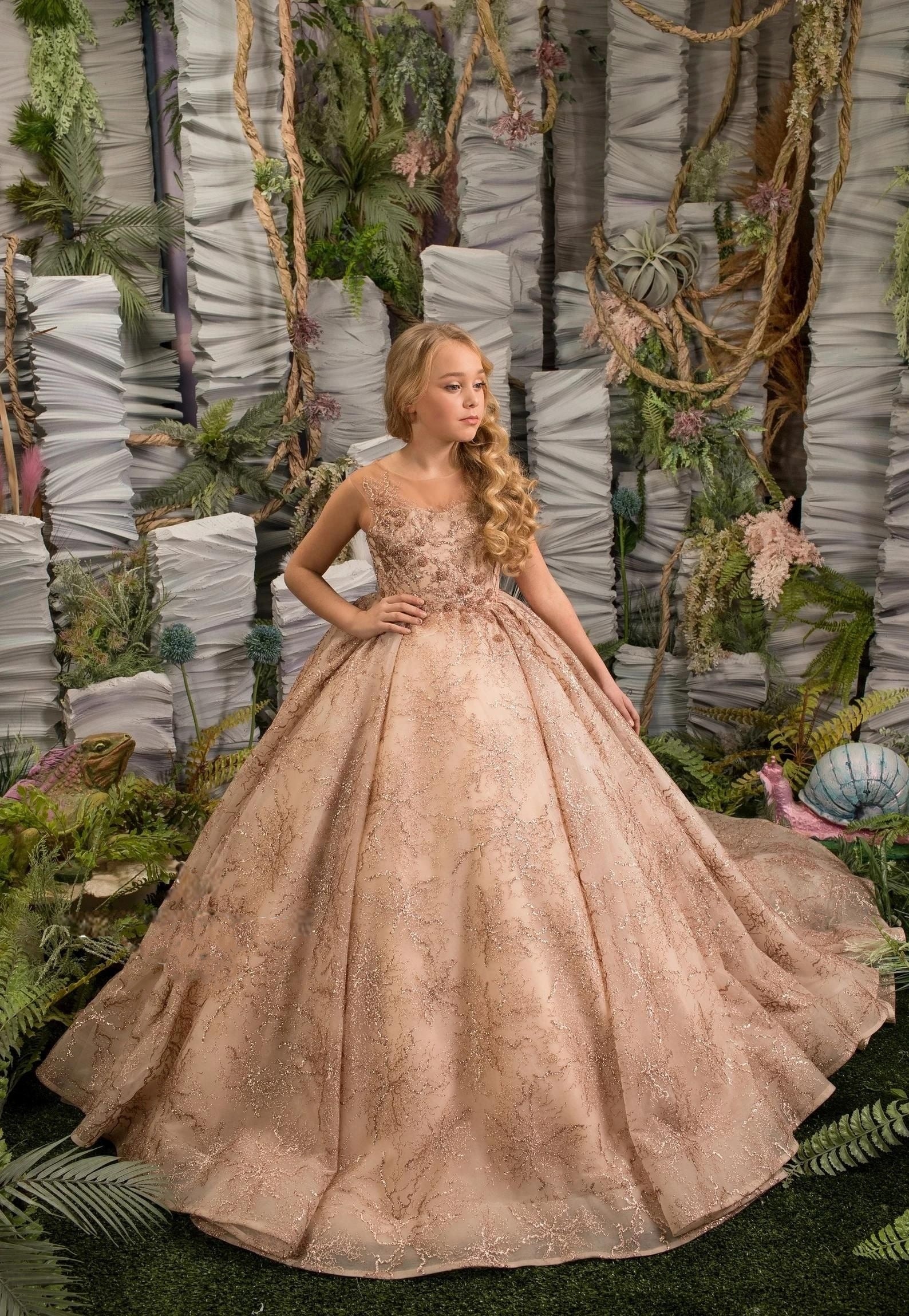 Luxurious Lace Satin Embroidered Girls Couture Wedding Flower Girl Ball Gown