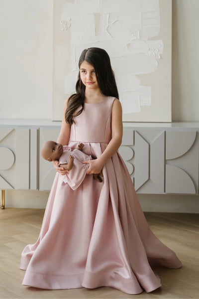 Auréline Blush Pink Satin Couture Girls Gown - Blush Kids
