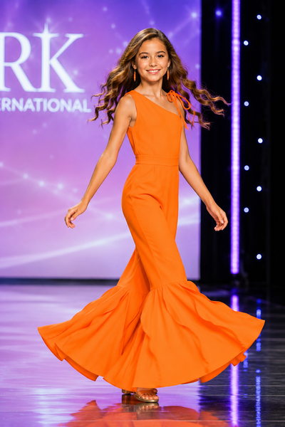 Girls Neon Orange Pageant Jumpsuit Bell Bottom