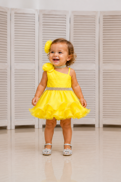 Girls Yellow Organza Pageant Dress Flower Detail
