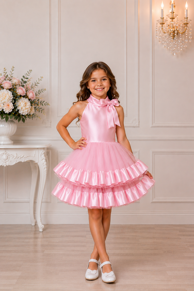 Girls Pageant Flower Girl Dress Satin Bow Tulle Skirt