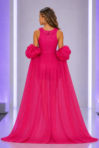 Girls Hot Pink Pageant Romper with Dramatic Cape