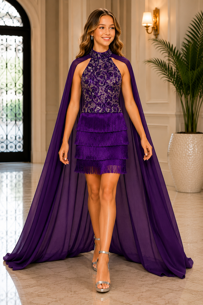 Girls Purple Pageant Dress with Fringe & Cape
