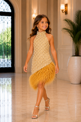 Girls Feather Beaded Pageant Dress Knee Length