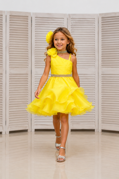 Girls Yellow Organza Pageant Dress Flower Detail