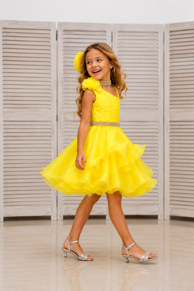 Girls Yellow Organza Pageant Dress Flower Detail