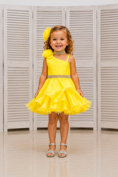 Girls Yellow Organza Pageant Dress Flower Detail