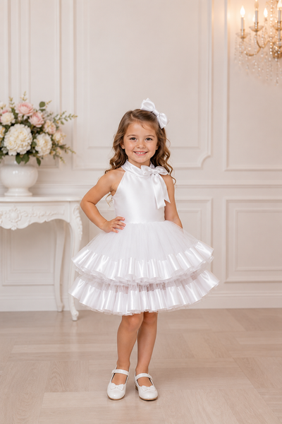 Girls Pageant Flower Girl Dress Satin Bow Tulle Skirt