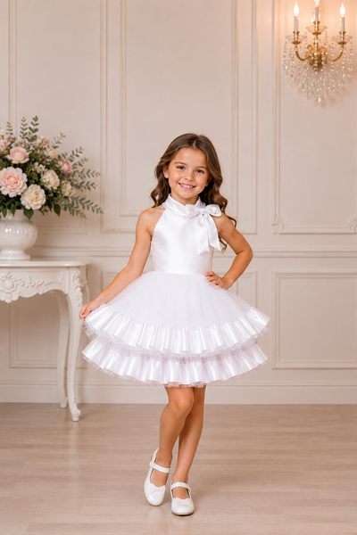 Girls Pageant Flower Girl Dress Satin Bow Tulle Skirt