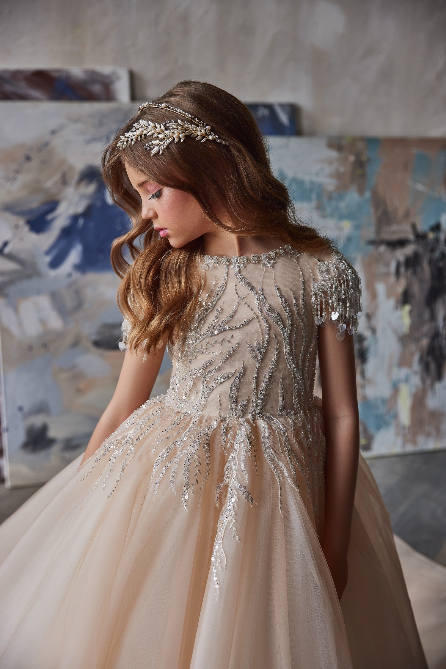 Pentelei Couture Crystal Embellished Chiffon Flower Girl Party Pageant Dress