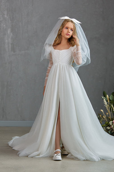 Girls Communion Special Occasion White Gown With Long Sheer Sleeves
