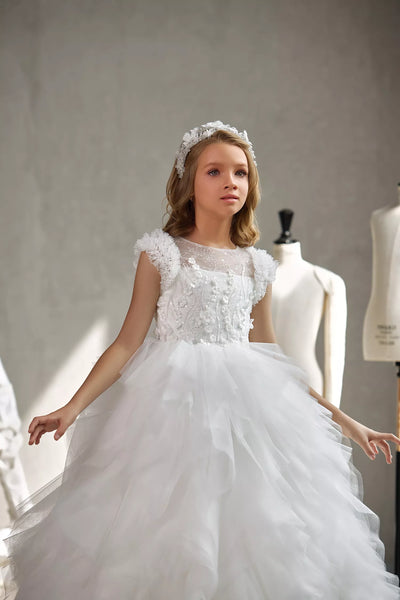 Pentelei Couture White Floral Tulle Ball Gown for Girls