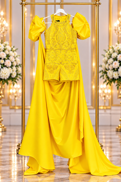 Girls Beaded Pageant Romper with Dramatic Cape