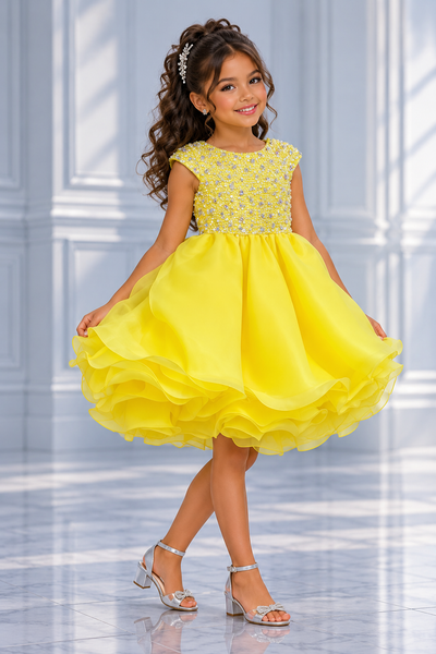 Girls Beaded Pageant Dress with Layered Ruffle Skirt