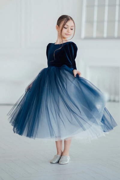 Velvet Tulle Flower Girl Dress - Natalia Girls Midi Length Dress