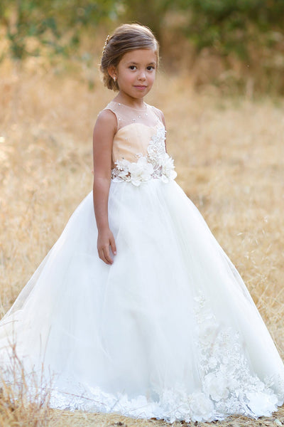 Couture Lace Satin Ivory Flower Girl Dress Communion  Wedding Baby Party Dress