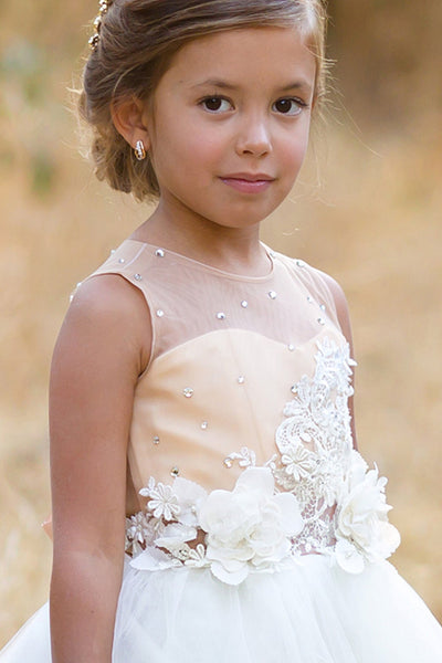 Couture Lace Satin Ivory Flower Girl Dress Communion  Wedding Baby Party Dress