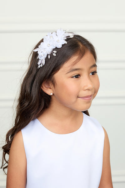 Girls Satin Headband Organza Flowers Rhinestones