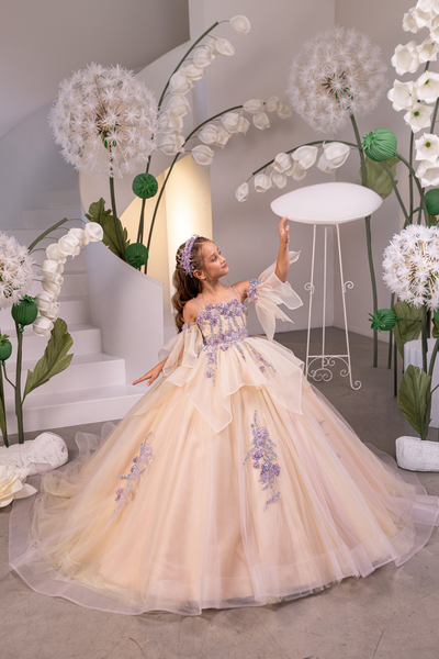Elowynn Fleur Girls Couture Pageant Gown | Beige & Purple
