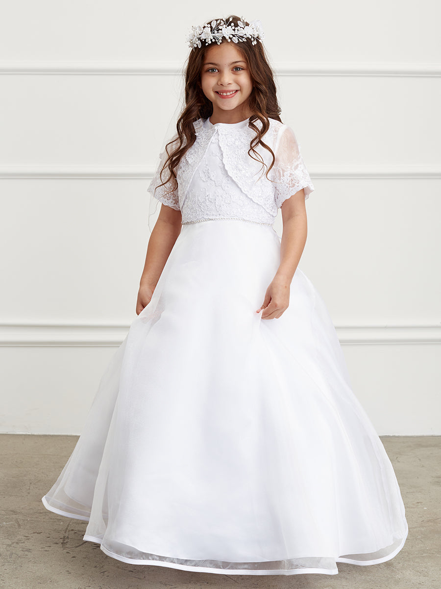First Communion Floor Length Organza Dress With Matching Lace Bolero