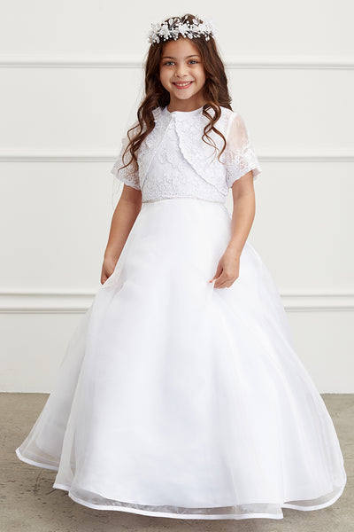 First Communion Floor Length Organza Dress With Matching Lace Bolero