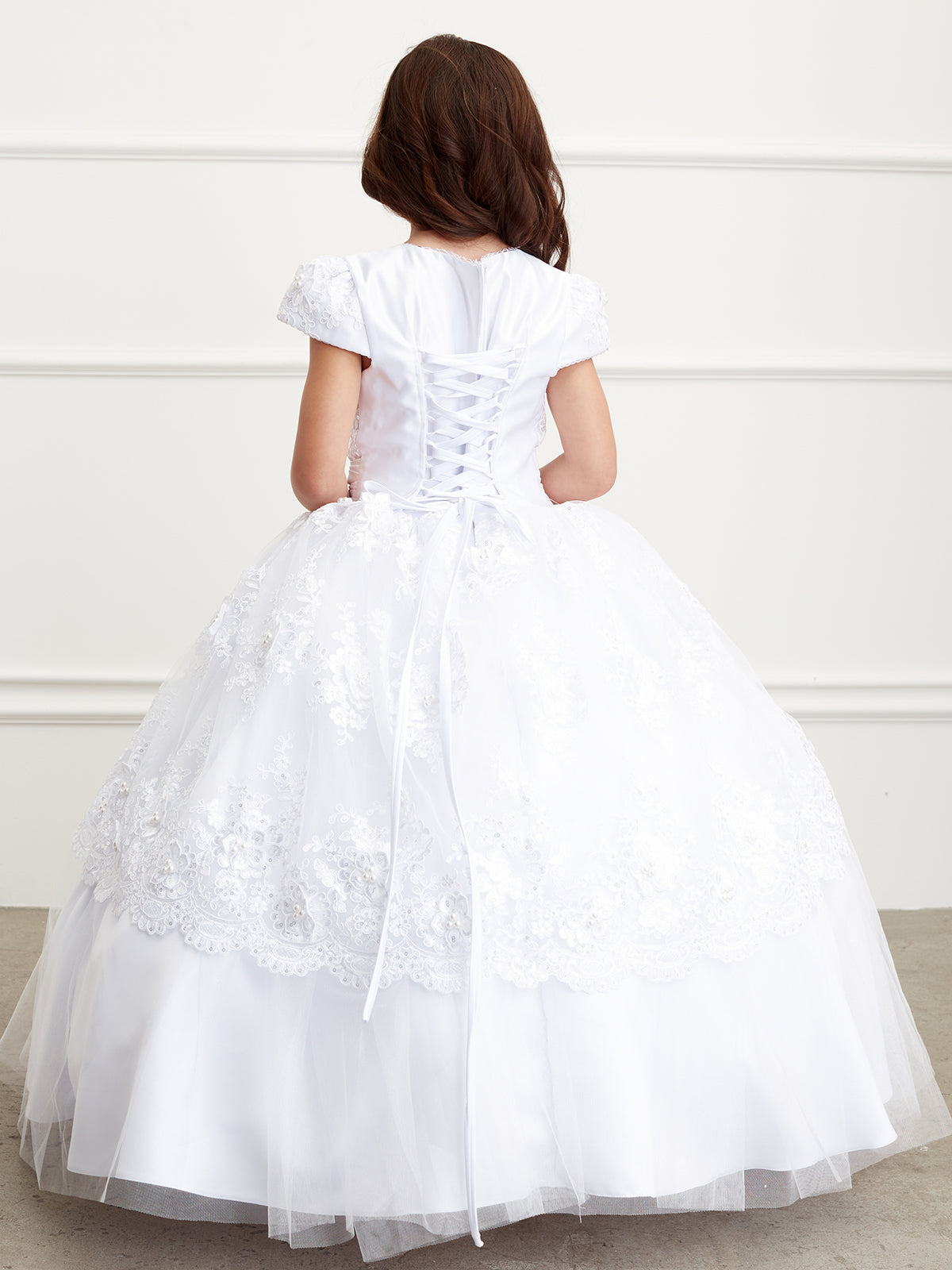 Communion Flower Girl  Floor Length White Satin Lace Dress 