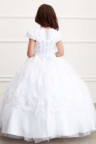 Communion Flower Girl  Floor Length White Satin Lace Dress 