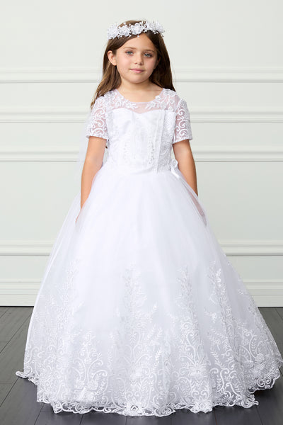 Angelica Communion Dress - Lace Appliqué Gown with Bow