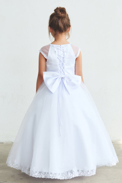 Girls Communion Dress with Virgin Mary | White Floor Length Gown