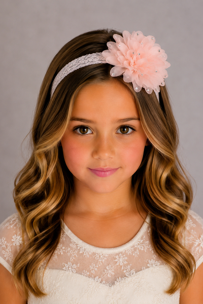 Lace Flower Girl Headband with Rhinestone Flower