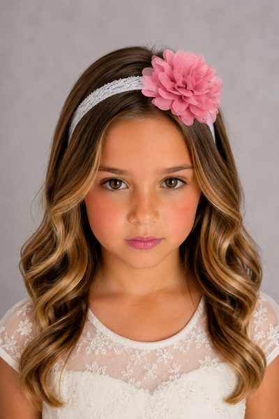 Lace Flower Girl Headband with Rhinestone Flower